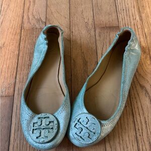 Tory Burch blue metallic Minnie flats